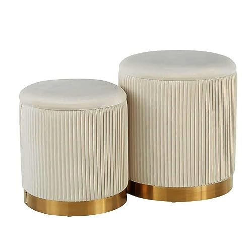 YYW HOME Round Ottoman with Storage Set of 2,White Velvet Storage Ottoman for Living Room, Round Storage Ottoman, Ottoman Chair, Gold Ottoman with Storage, Accent Chair, Modern Ottoman (Cream)