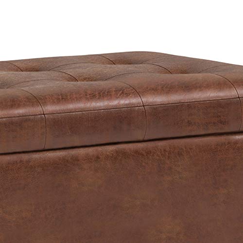 SIMPLIHOME Cosmopolitan 34 inch Wide Rectangle Lift Top Storage Ottoman in Upholstered Distressed Saddle Brown Tufted Faux Leather, Footrest Stool, Coffee Table for Living Room, Bedroom and Kids Room