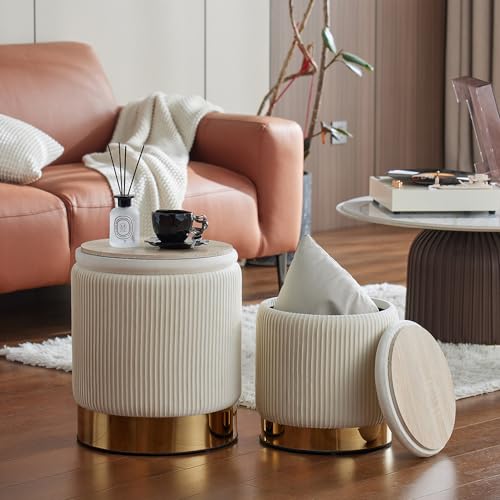 YYW HOME Round Ottoman with Storage Set of 2,White Velvet Storage Ottoman for Living Room, Round Storage Ottoman, Ottoman Chair, Gold Ottoman with Storage, Accent Chair, Modern Ottoman (Cream)