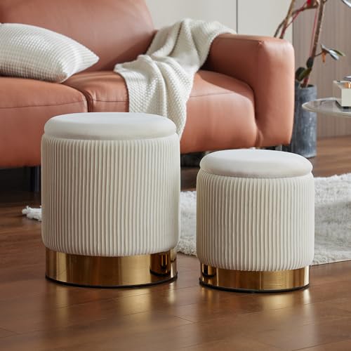 YYW HOME Round Ottoman with Storage Set of 2,White Velvet Storage Ottoman for Living Room, Round Storage Ottoman, Ottoman Chair, Gold Ottoman with Storage, Accent Chair, Modern Ottoman (Cream)