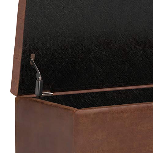 SIMPLIHOME Cosmopolitan 34 inch Wide Rectangle Lift Top Storage Ottoman in Upholstered Distressed Saddle Brown Tufted Faux Leather, Footrest Stool, Coffee Table for Living Room, Bedroom and Kids Room