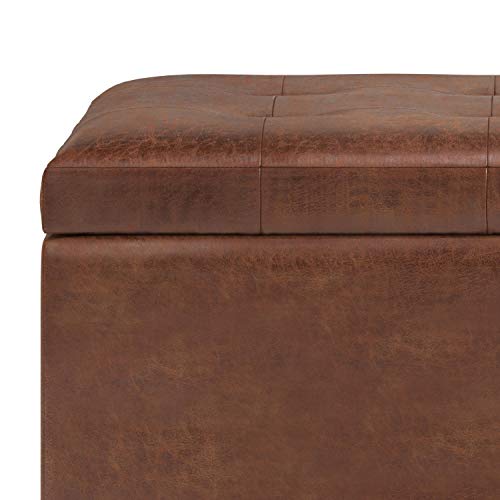 SIMPLIHOME Cosmopolitan 34 inch Wide Rectangle Lift Top Storage Ottoman in Upholstered Distressed Saddle Brown Tufted Faux Leather, Footrest Stool, Coffee Table for Living Room, Bedroom and Kids Room