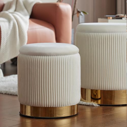 YYW HOME Round Ottoman with Storage Set of 2,White Velvet Storage Ottoman for Living Room, Round Storage Ottoman, Ottoman Chair, Gold Ottoman with Storage, Accent Chair, Modern Ottoman (Cream)