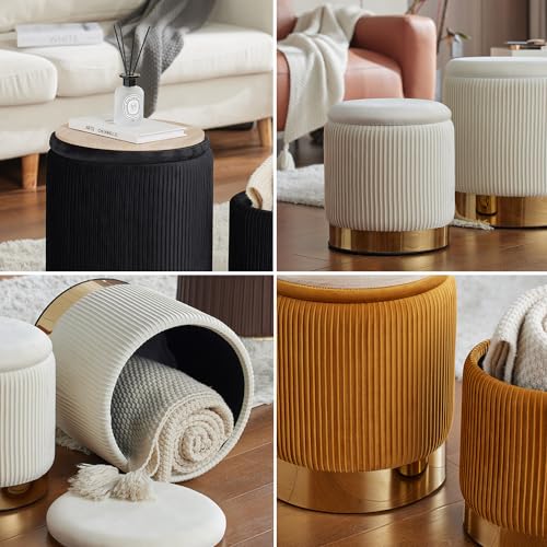 YYW HOME Round Ottoman with Storage Set of 2,White Velvet Storage Ottoman for Living Room, Round Storage Ottoman, Ottoman Chair, Gold Ottoman with Storage, Accent Chair, Modern Ottoman (Cream)