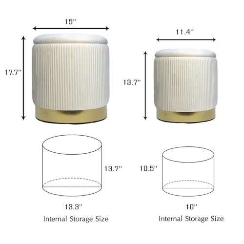 YYW HOME Round Ottoman with Storage Set of 2,White Velvet Storage Ottoman for Living Room, Round Storage Ottoman, Ottoman Chair, Gold Ottoman with Storage, Accent Chair, Modern Ottoman (Cream)