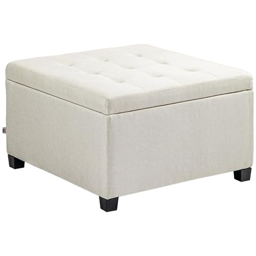 HOMCOM Fabric Tufted Storage Ottoman with Flip Top Seat Lid, Metal Hinge and Stable Eucalyptus Wood Frame for Living Room, Entryway, or Bedroom, Beige
