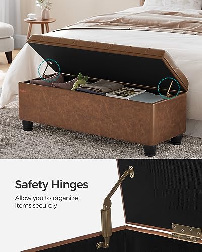 SONGMICS Storage Ottoman, Storage Bench, Tufted Entryway Bedroom Bench, 17.7 x 46.5 x 17.7 Inches, Hinges Easy Lid Operation, Wooden Legs, Synthetic Leather, Loads 330 lb, Coffee Brown ULOM071K01