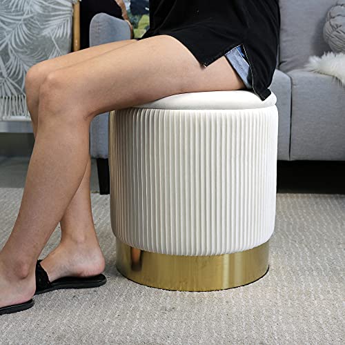 YYW HOME Round Ottoman with Storage Set of 2,White Velvet Storage Ottoman for Living Room, Round Storage Ottoman, Ottoman Chair, Gold Ottoman with Storage, Accent Chair, Modern Ottoman (Cream)