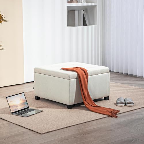 HOMCOM Fabric Tufted Storage Ottoman with Flip Top Seat Lid, Metal Hinge and Stable Eucalyptus Wood Frame for Living Room, Entryway, or Bedroom, Beige