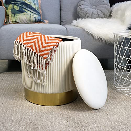 YYW HOME Round Ottoman with Storage Set of 2,White Velvet Storage Ottoman for Living Room, Round Storage Ottoman, Ottoman Chair, Gold Ottoman with Storage, Accent Chair, Modern Ottoman (Cream)