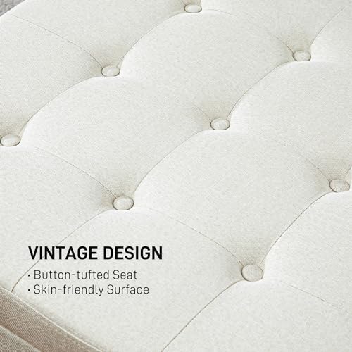 HOMCOM Fabric Tufted Storage Ottoman with Flip Top Seat Lid, Metal Hinge and Stable Eucalyptus Wood Frame for Living Room, Entryway, or Bedroom, Beige