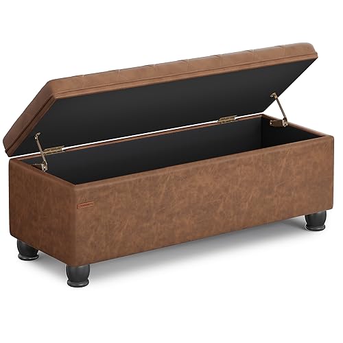 SONGMICS Storage Ottoman, Storage Bench, Tufted Entryway Bedroom Bench, 17.7 x 46.5 x 17.7 Inches, Hinges Easy Lid Operation, Wooden Legs, Synthetic Leather, Loads 330 lb, Coffee Brown ULOM071K01