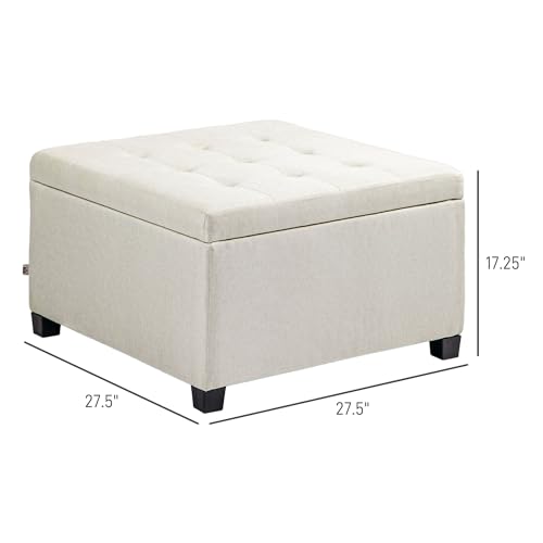 HOMCOM Fabric Tufted Storage Ottoman with Flip Top Seat Lid, Metal Hinge and Stable Eucalyptus Wood Frame for Living Room, Entryway, or Bedroom, Beige
