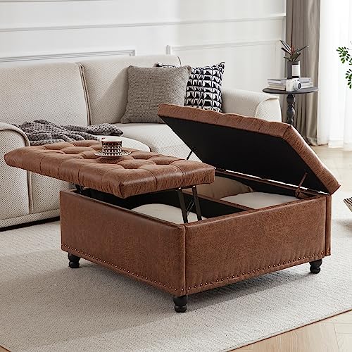 Tbfit 35.5" Large Square Storage Ottoman Bench, Tufted Upholstered Coffee Table Ottoman with Storage, Oversized Ottomans Toy Box for Living Room, Brown