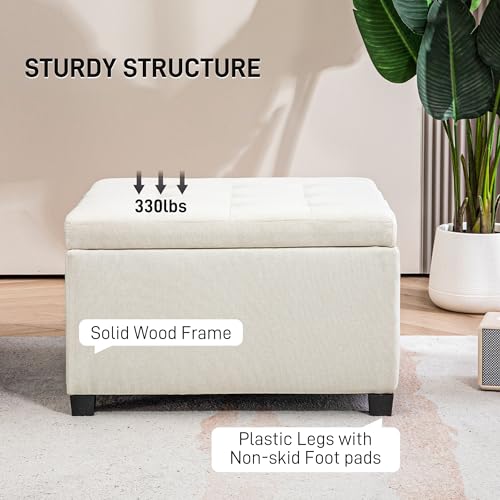 HOMCOM Fabric Tufted Storage Ottoman with Flip Top Seat Lid, Metal Hinge and Stable Eucalyptus Wood Frame for Living Room, Entryway, or Bedroom, Beige