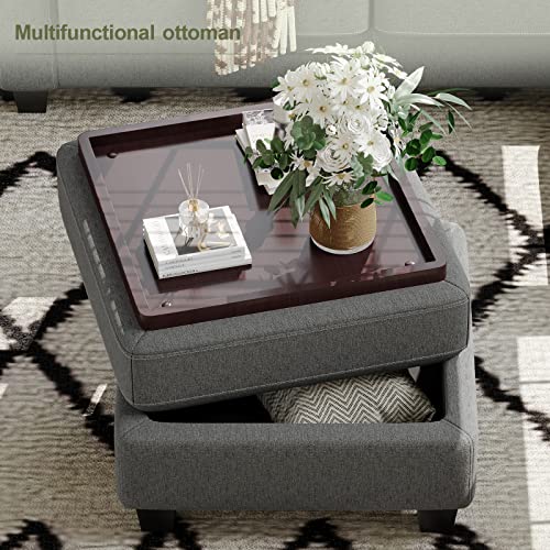 Belffin Upholstered Storage Ottoman with Coffee Table Top with Tray Square Foot Rest Convertible Ottoman Light Grey