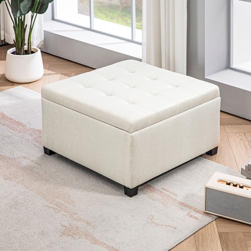 HOMCOM Fabric Tufted Storage Ottoman with Flip Top Seat Lid, Metal Hinge and Stable Eucalyptus Wood Frame for Living Room, Entryway, or Bedroom, Beige