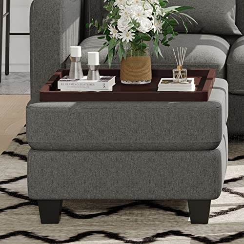 Belffin Upholstered Storage Ottoman with Coffee Table Top with Tray Square Foot Rest Convertible Ottoman Light Grey