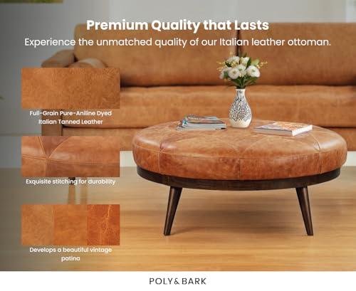 POLY & BARK Gio Modern Leather Ottoman Pouf (Cognac Tan)