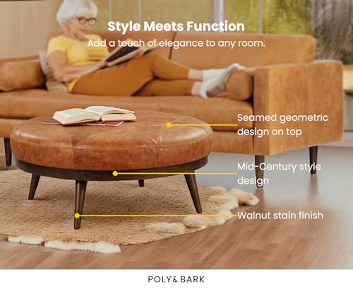POLY & BARK Gio Modern Leather Ottoman Pouf (Cognac Tan)