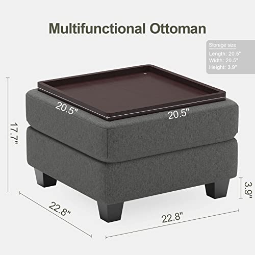 Belffin Upholstered Storage Ottoman with Coffee Table Top with Tray Square Foot Rest Convertible Ottoman Light Grey