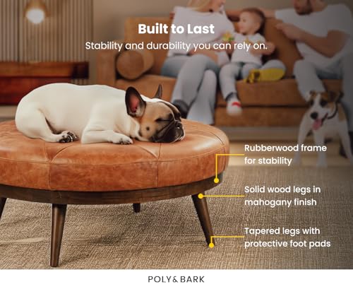 POLY & BARK Gio Modern Leather Ottoman Pouf (Cognac Tan)