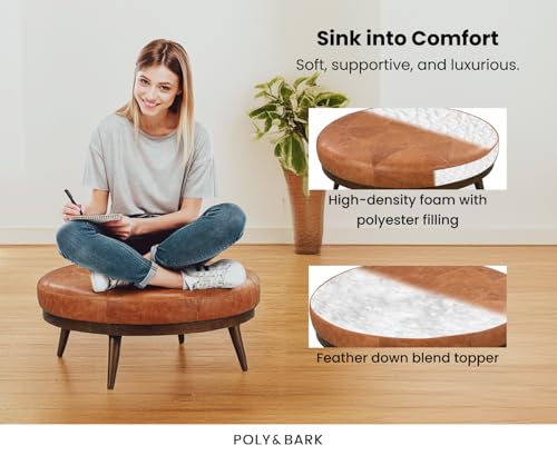 POLY & BARK Gio Modern Leather Ottoman Pouf (Cognac Tan)
