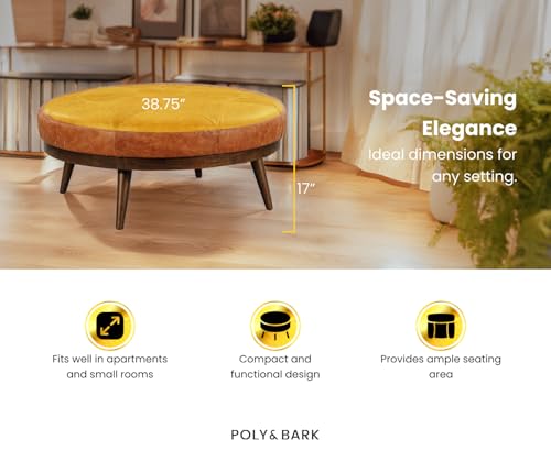 POLY & BARK Gio Modern Leather Ottoman Pouf (Cognac Tan)