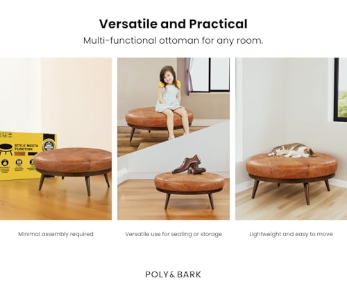 POLY & BARK Gio Modern Leather Ottoman Pouf (Cognac Tan)