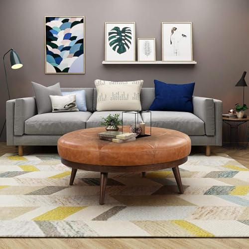 POLY & BARK Gio Modern Leather Ottoman Pouf (Cognac Tan)