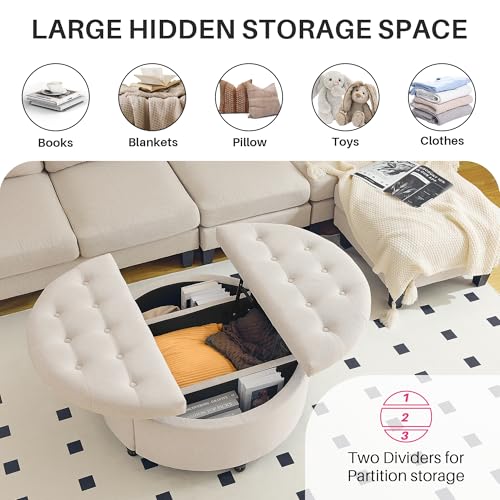 Redlife 35" Wide Round Ottoman with Storage, Round Storage Ottoman, Tufted Round Ottoman Coffee Table Linen Fabric Round Coffee Table Ottoman with Storage (Beige)