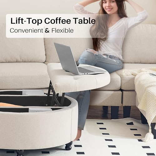 Redlife 35" Wide Round Ottoman with Storage, Round Storage Ottoman, Tufted Round Ottoman Coffee Table Linen Fabric Round Coffee Table Ottoman with Storage (Beige)