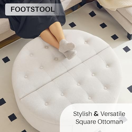 Redlife 35" Wide Round Ottoman with Storage, Round Storage Ottoman, Tufted Round Ottoman Coffee Table Linen Fabric Round Coffee Table Ottoman with Storage (Beige)