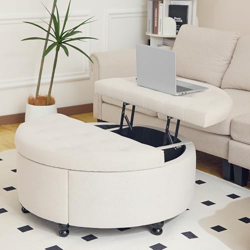 Redlife 35" Wide Round Ottoman with Storage, Round Storage Ottoman, Tufted Round Ottoman Coffee Table Linen Fabric Round Coffee Table Ottoman with Storage (Beige)