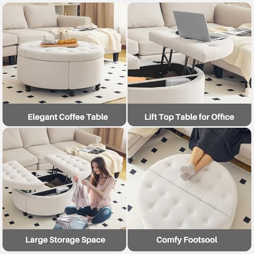 Redlife 35" Wide Round Ottoman with Storage, Round Storage Ottoman, Tufted Round Ottoman Coffee Table Linen Fabric Round Coffee Table Ottoman with Storage (Beige)