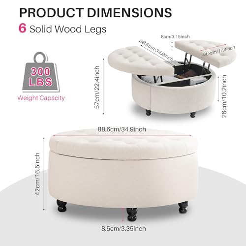 Redlife 35" Wide Round Ottoman with Storage, Round Storage Ottoman, Tufted Round Ottoman Coffee Table Linen Fabric Round Coffee Table Ottoman with Storage (Beige)