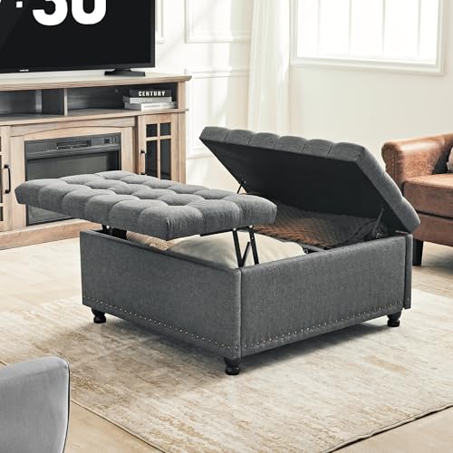Redlife 35 Inch Large Square Storage Ottoman Bench, Storage Ottoman Coffee Table Large Square Ottoman with Storage Lift Top Tufted Storage Ottoman for Living Room (Dark Grey)