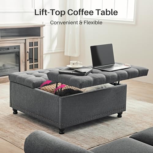 Redlife 35 Inch Large Square Storage Ottoman Bench, Storage Ottoman Coffee Table Large Square Ottoman with Storage Lift Top Tufted Storage Ottoman for Living Room (Dark Grey)