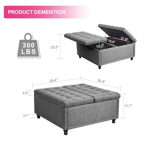Redlife 35 Inch Large Square Storage Ottoman Bench, Storage Ottoman Coffee Table Large Square Ottoman with Storage Lift Top Tufted Storage Ottoman for Living Room (Dark Grey)
