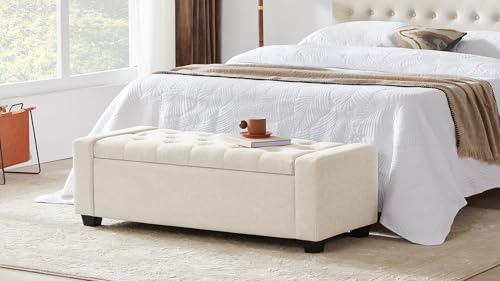 Huatean Home Ottoman with Storage, Storage Ottoman Bench with Safety Hinge, Upholstered Storage Bench with Seating for Bedroom, Living Room, Holds up to 330 lb (Ivory)