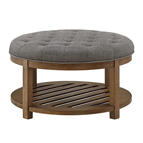 24KF Large Round Upholstered Tufted Linen Ottoman Coffee Table, Large Footrest Ottoman with Wood Shelf Storage-Granite