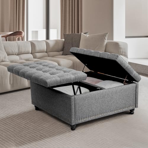 Redlife 35 Inch Large Square Storage Ottoman Bench, Storage Ottoman Coffee Table Large Square Ottoman with Storage Lift Top Tufted Storage Ottoman for Living Room (Dark Grey)
