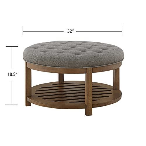 24KF Large Round Upholstered Tufted Linen Ottoman Coffee Table, Large Footrest Ottoman with Wood Shelf Storage-Granite