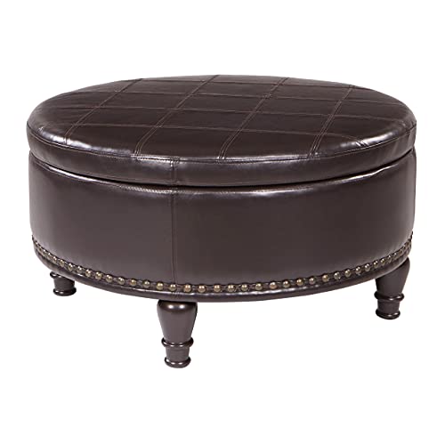 INSPIRED by Bassett OSP Home Furnishings Augusta Round Storage Ottoman with Decorative Nailheads and Flip Over Lid with Serving Tray Surface, Espresso Faux Leather
