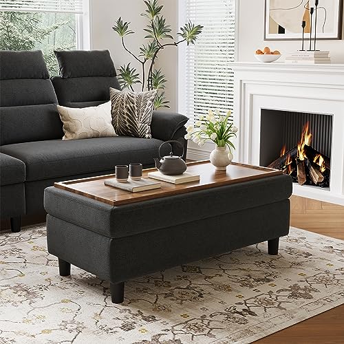 LINSY HOME 46 Inches Wide Storage Ottoman Bench, Linen Coffee Table Long Shoes Bench Footstool, Storage Chest, Foot Rest Stool, for The Living Room, Entryway and Family Room, Dark Gray