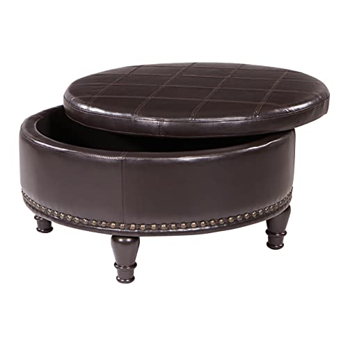 INSPIRED by Bassett OSP Home Furnishings Augusta Round Storage Ottoman with Decorative Nailheads and Flip Over Lid with Serving Tray Surface, Espresso Faux Leather