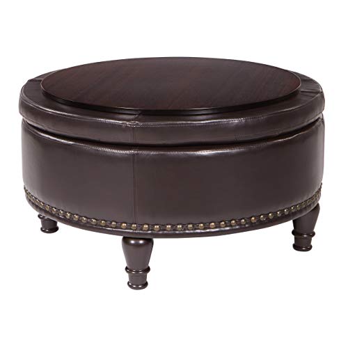 INSPIRED by Bassett OSP Home Furnishings Augusta Round Storage Ottoman with Decorative Nailheads and Flip Over Lid with Serving Tray Surface, Espresso Faux Leather