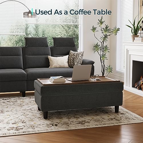 LINSY HOME 46 Inches Wide Storage Ottoman Bench, Linen Coffee Table Long Shoes Bench Footstool, Storage Chest, Foot Rest Stool, for The Living Room, Entryway and Family Room, Dark Gray