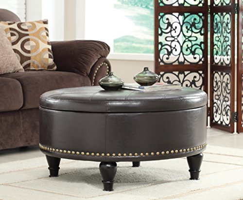INSPIRED by Bassett OSP Home Furnishings Augusta Round Storage Ottoman with Decorative Nailheads and Flip Over Lid with Serving Tray Surface, Espresso Faux Leather