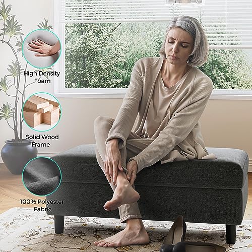 LINSY HOME 46 Inches Wide Storage Ottoman Bench, Linen Coffee Table Long Shoes Bench Footstool, Storage Chest, Foot Rest Stool, for The Living Room, Entryway and Family Room, Dark Gray